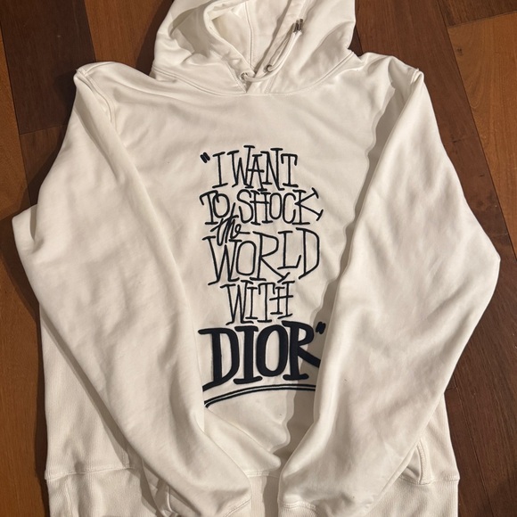 Dior x Shawn Stussy I want to shock the world white hoodie